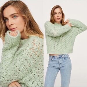 Mango Large Alpaca Blend Mint Green Crop Chunky Open Knit Long Sleeve Sweater